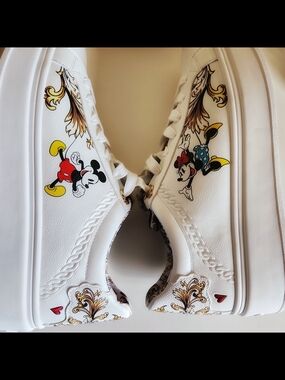 Disney White Sneakers with Mickey & Minnie Prints and Gold Accents